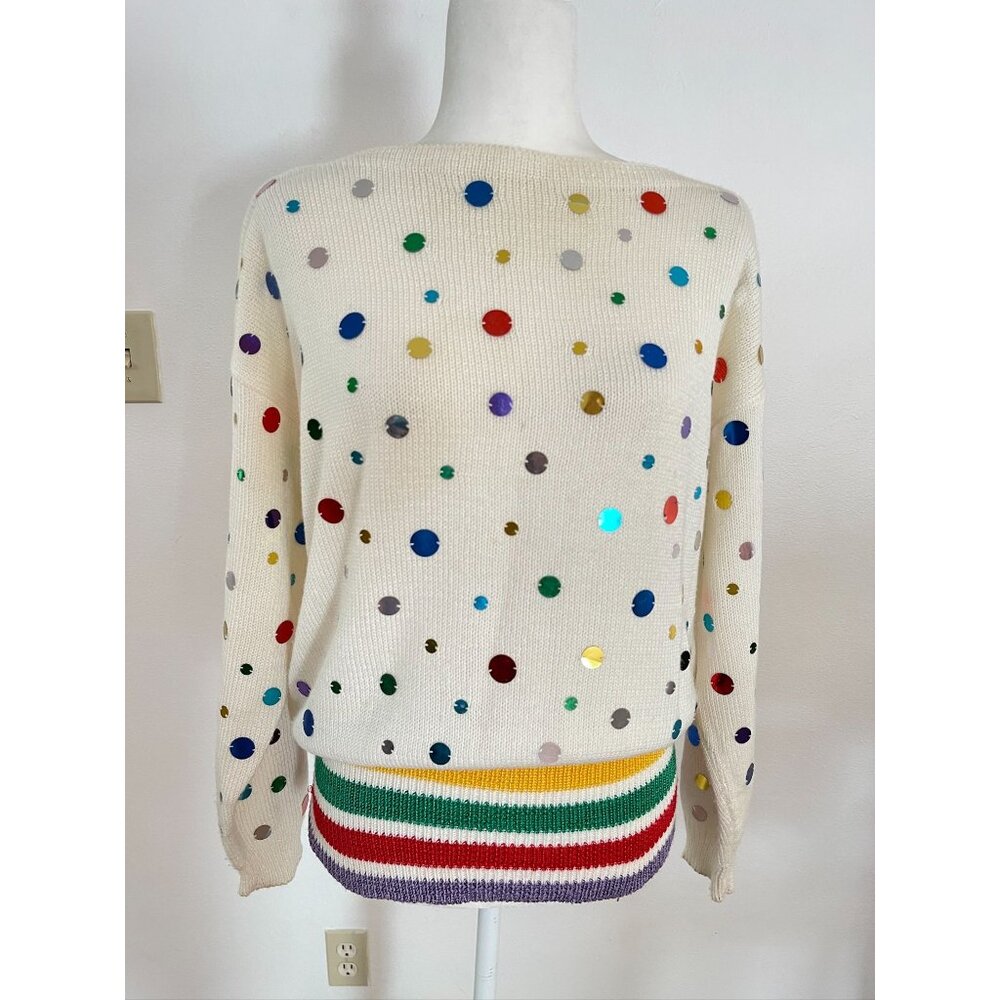 Vintage 1980's Sequin Sweater with Rainbow Stripe Waistband, Long Sleeve Pullove